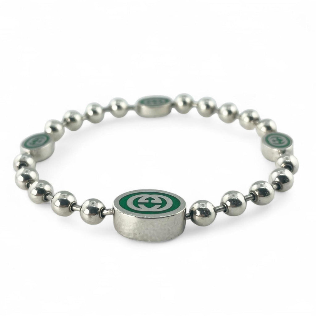 Interlocking G Ball Chain Bracelet Sterling Silver Green