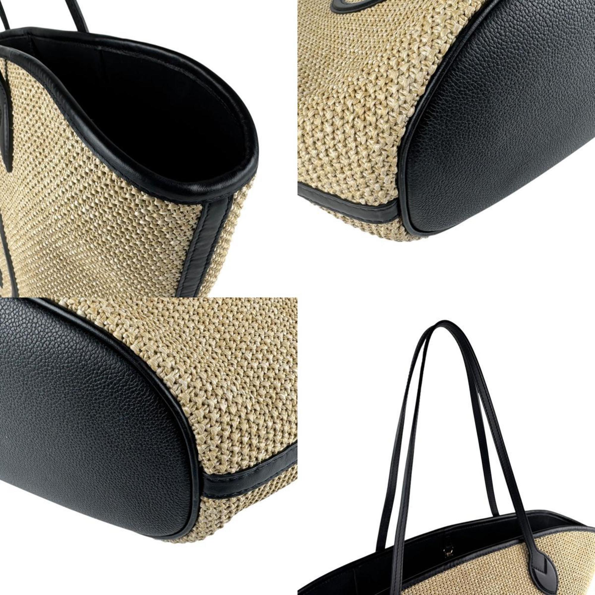 Louis Vuitton Beige Black Raffia Leather Shoulder Bag Tote Bag (Pre-Owned)