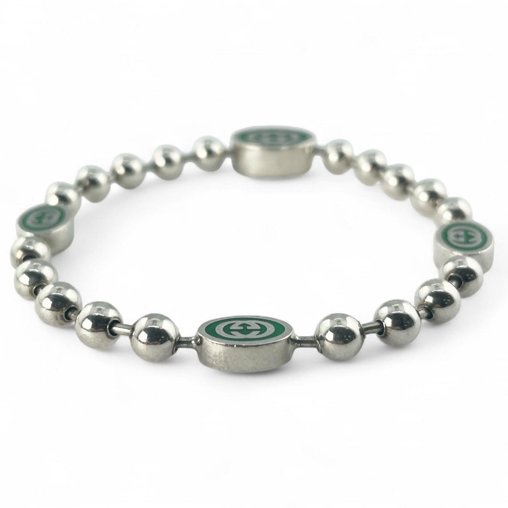 Interlocking G Ball Chain Bracelet Sterling Silver Green