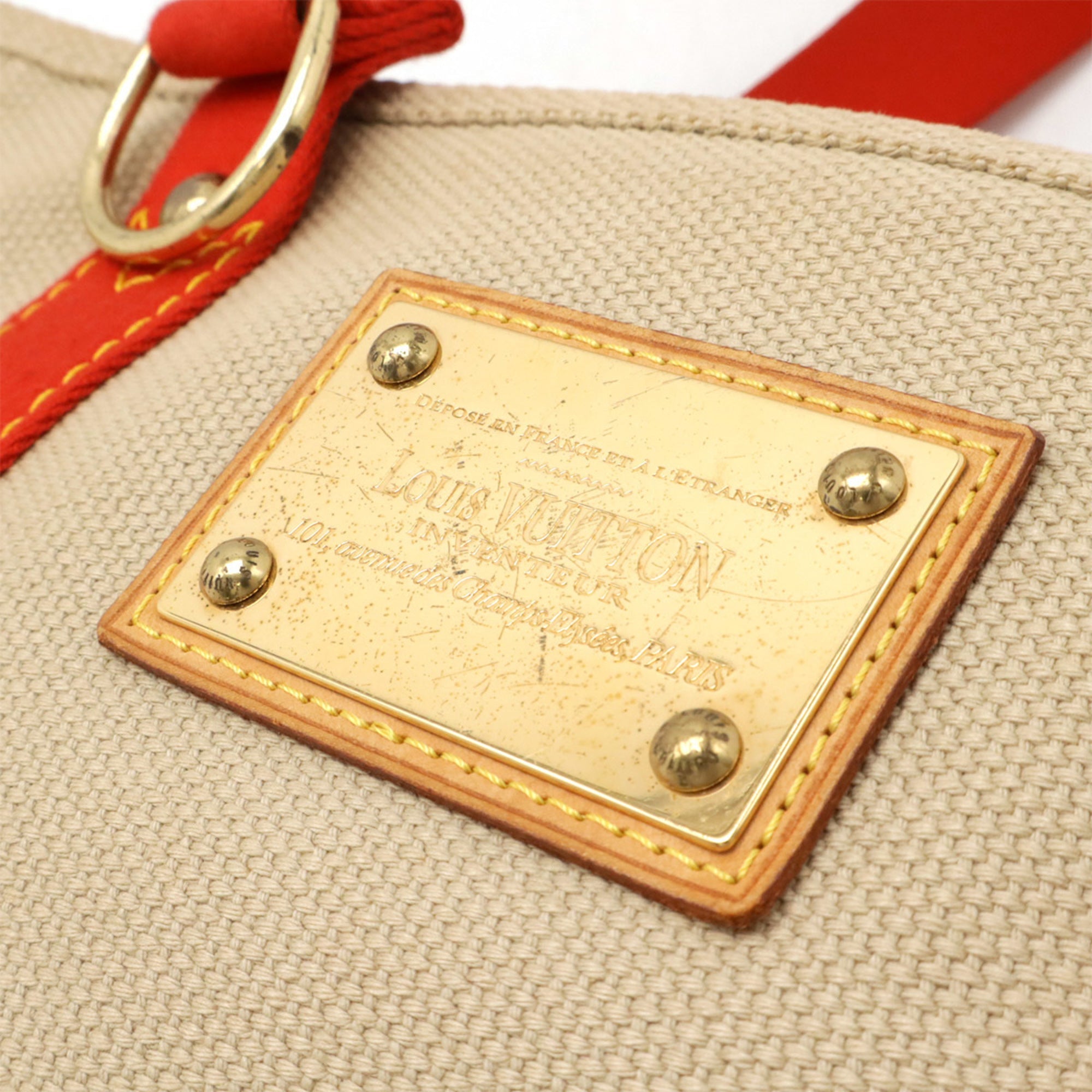 Louis Vuitton Beige Red Color Canvas Shoulder Bag Tote Bag (Pre-Owned)