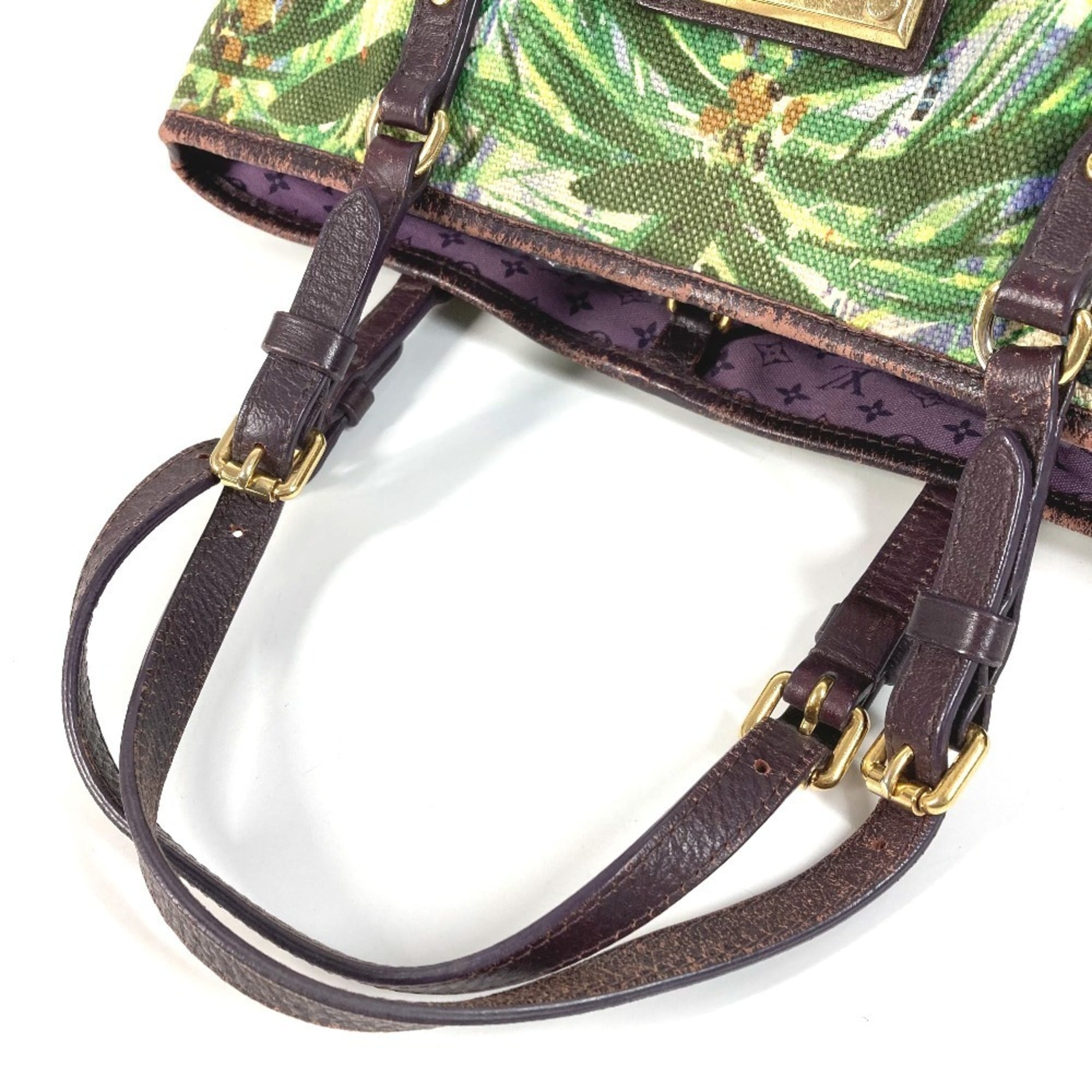 Louis Vuitton Green Leather Canvas Shoulder Bag Tote Bag (Pre-Owned)