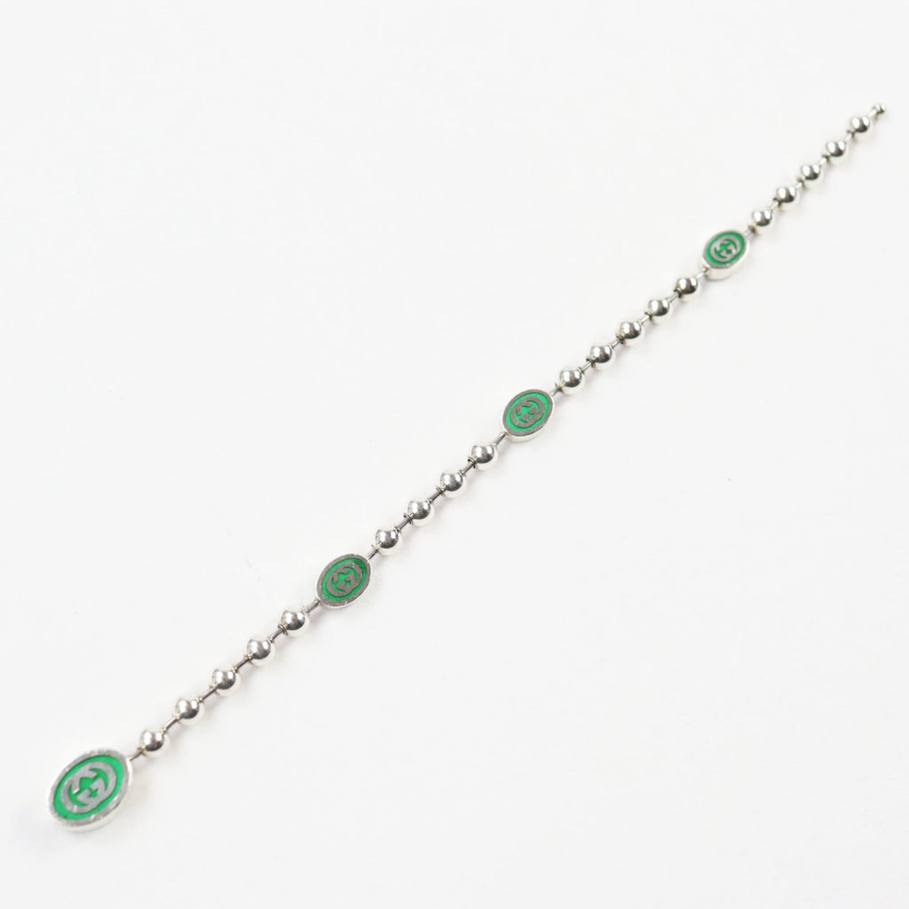 Interlocking G Ball Chain Bracelet Sterling Silver Green
