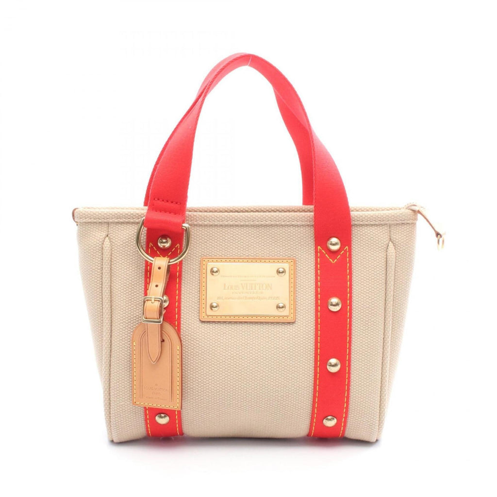 Louis Vuitton Beige Red Color Canvas Leather Tote Bag (Pre-Owned)