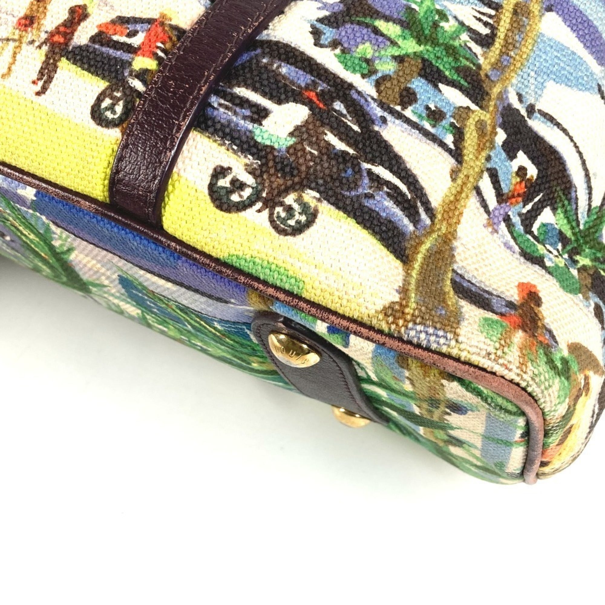 Louis Vuitton Green Leather Canvas Shoulder Bag Tote Bag (Pre-Owned)