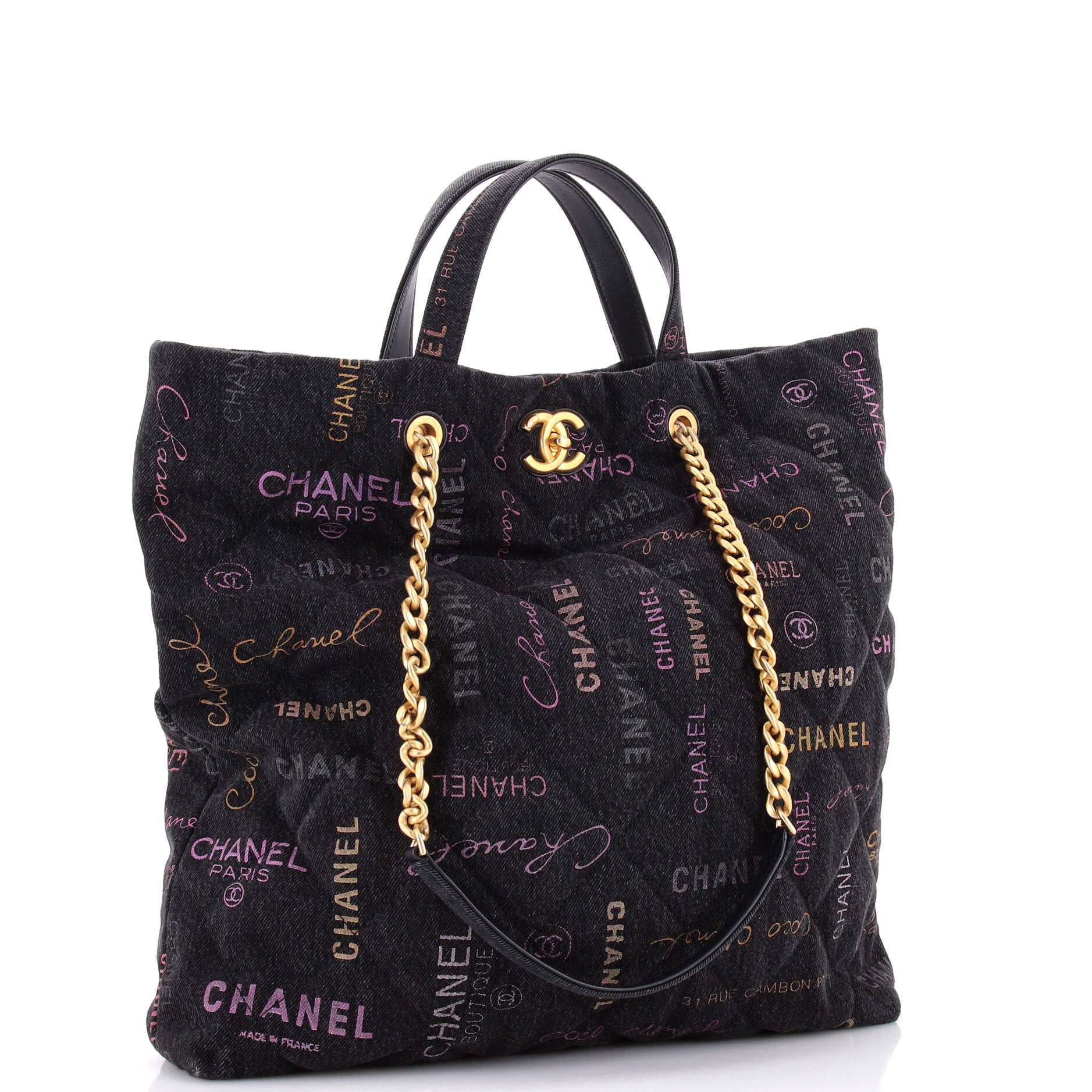 Denim Mood Shopping Tote Logo Printed Quilted Denim Maxi