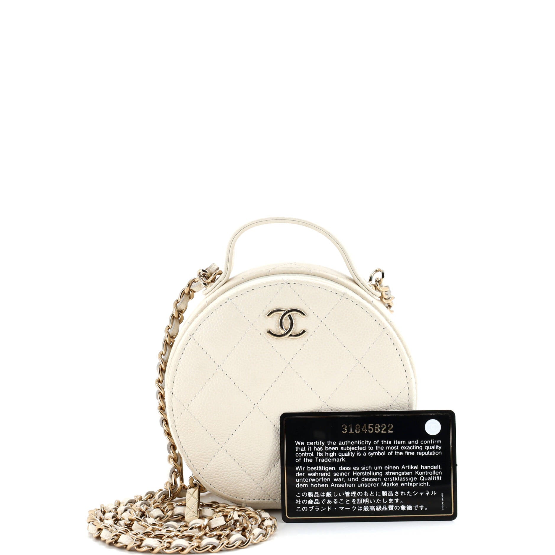 Handle with Care Round Vanity Case with Chain Quilted Caviar Small