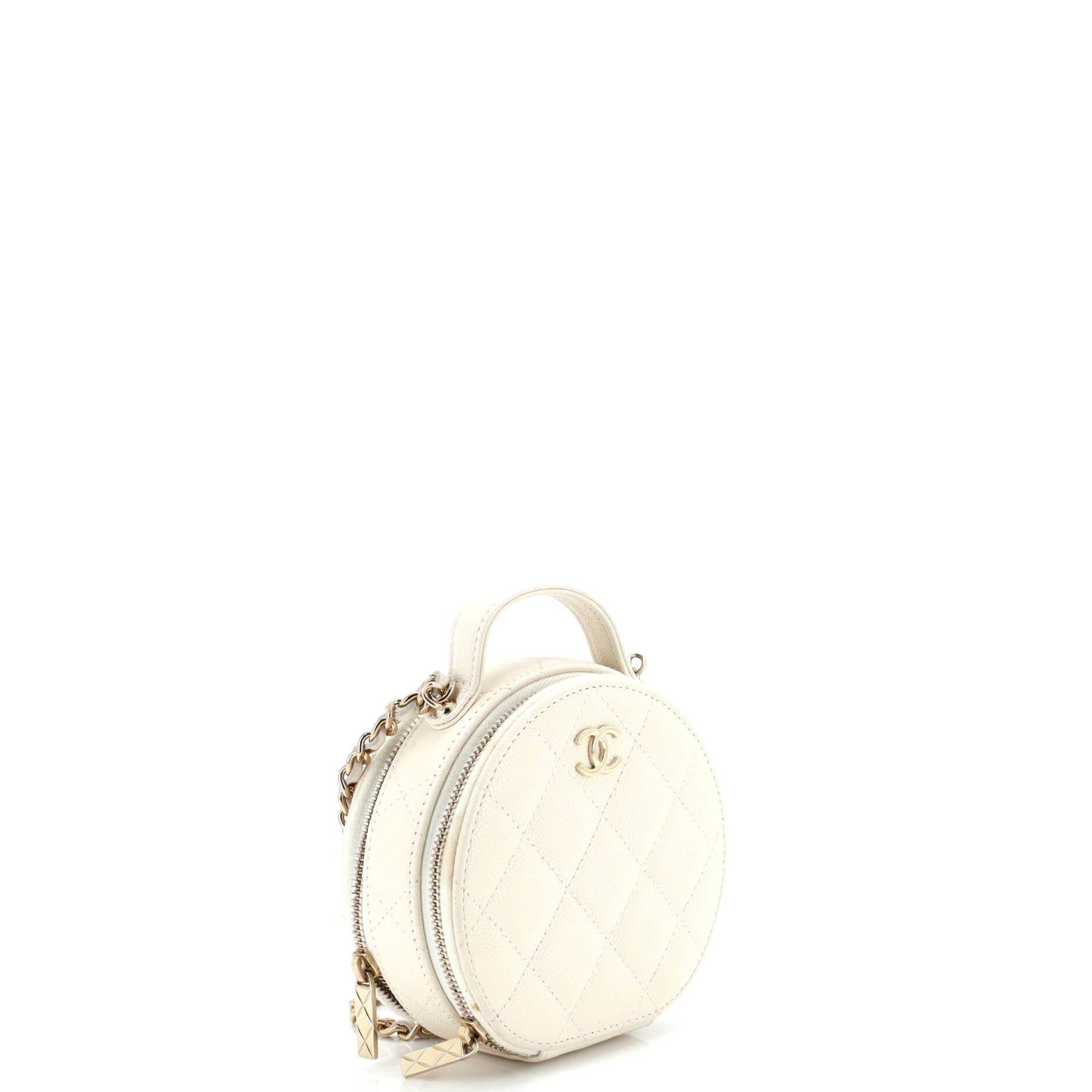 Handle with Care Round Vanity Case with Chain Quilted Caviar Small