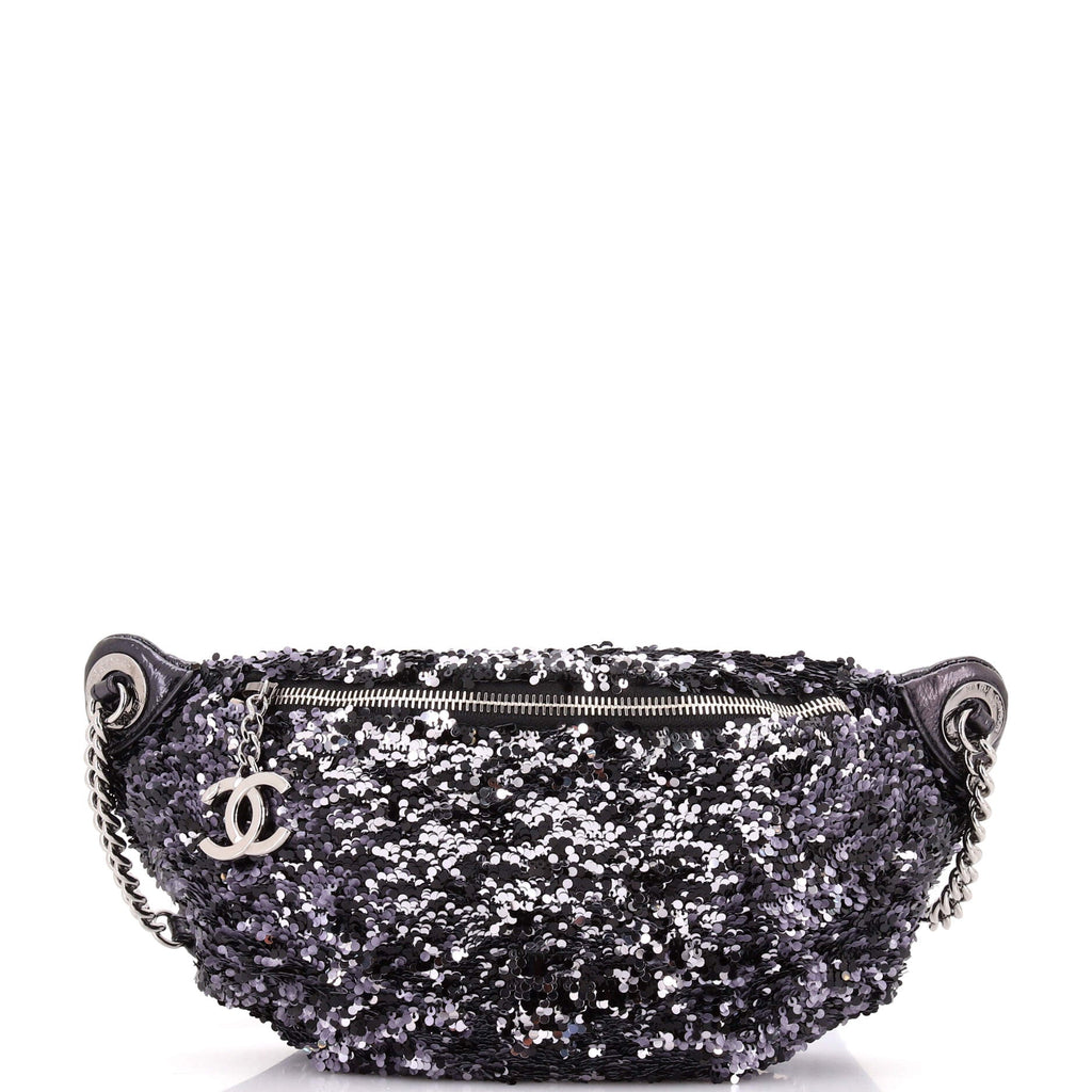 CC Charm Zip Waist Bag Sequins and Quilted Lambskin