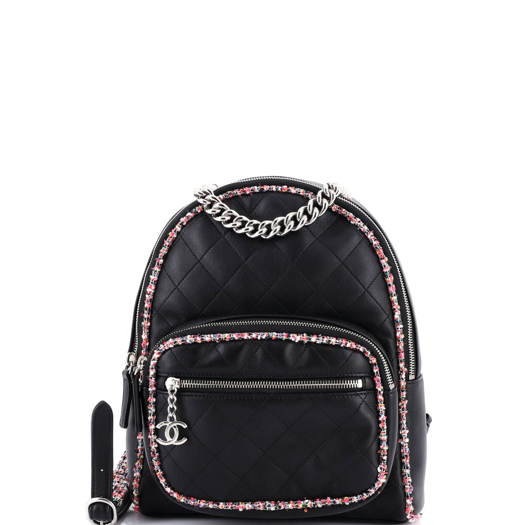 Elegant Trim Backpack Quilted Leather with Tweed Small