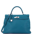 Kelly Handbag Bleu Izmir Clemence with Palladium Hardware 35