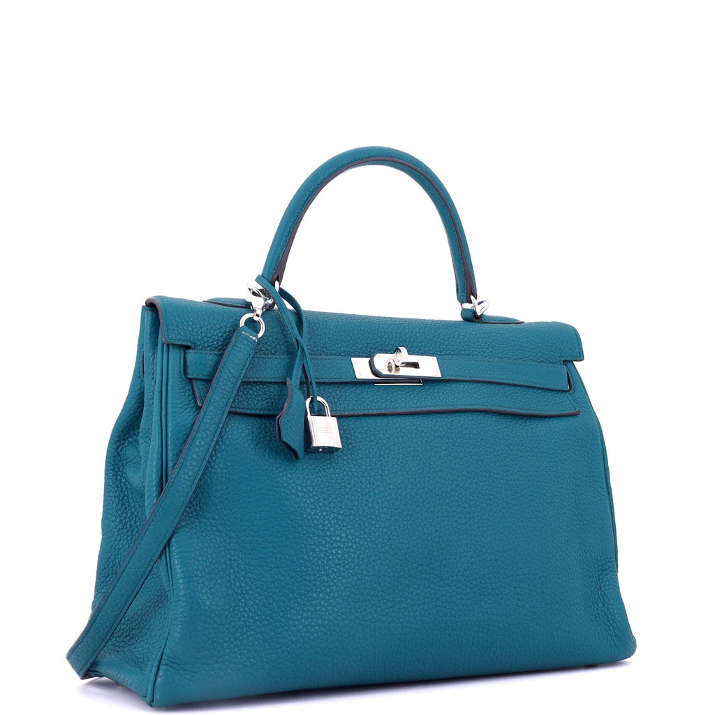 Kelly Handbag Bleu Izmir Clemence with Palladium Hardware 35