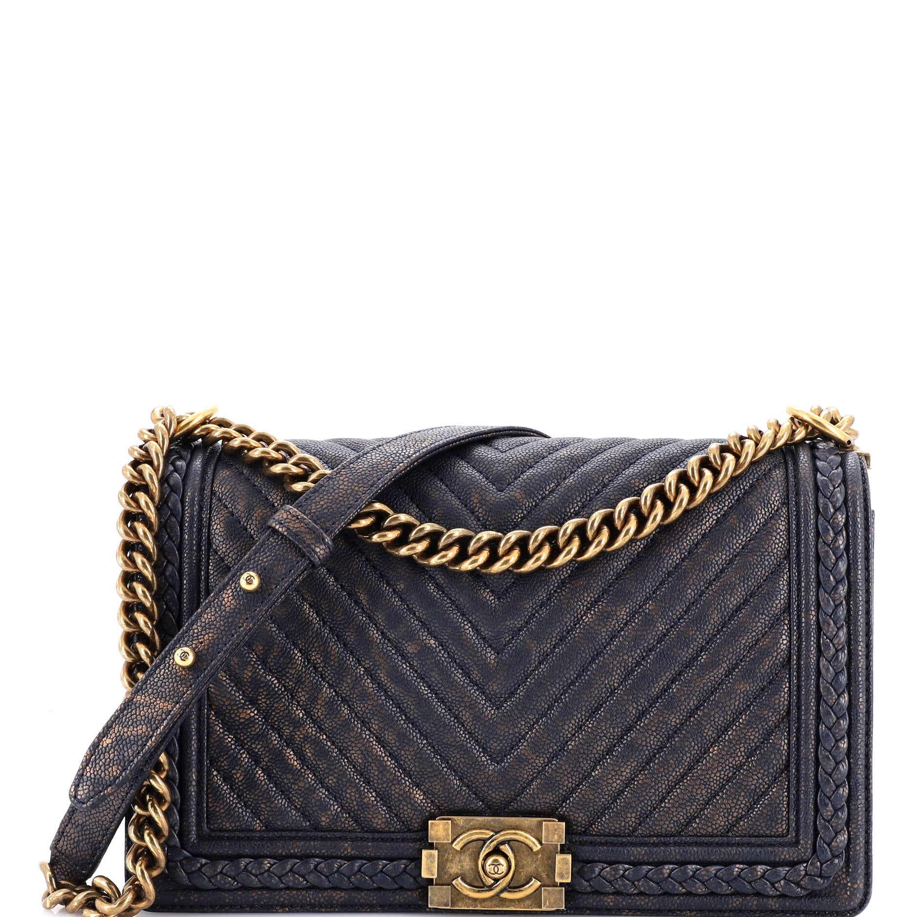 Braided Boy Flap Bag Patinated Chevron Caviar New Medium