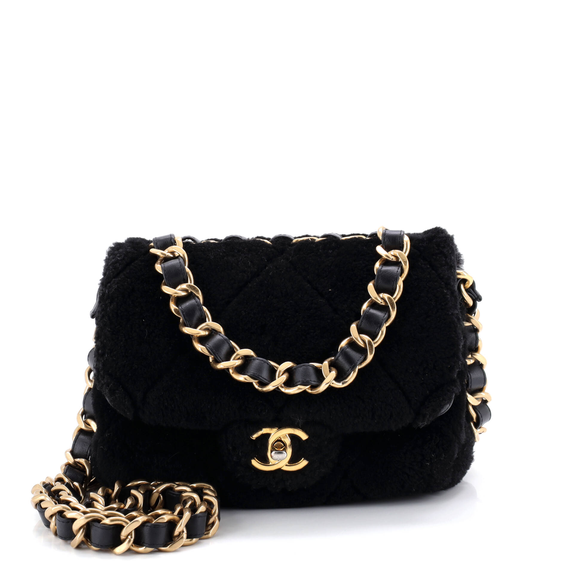 CC Bar Chain Handle Flap Bag Quilted Shearling Small