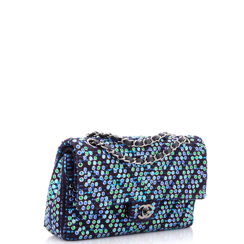 Classic Double Flap Bag Chevron Tweed and Rhinestones Medium