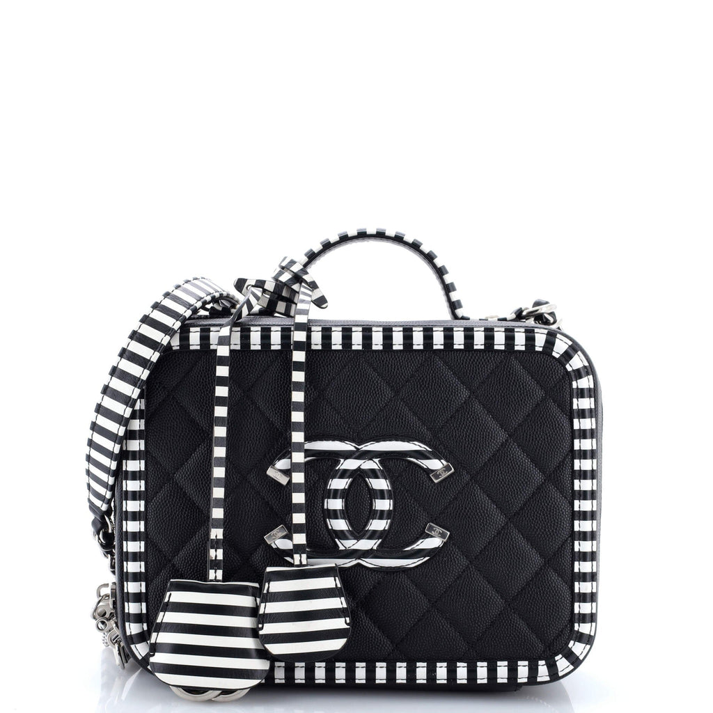 Filigree Vanity Case Quilted Caviar with Striped Leather Large