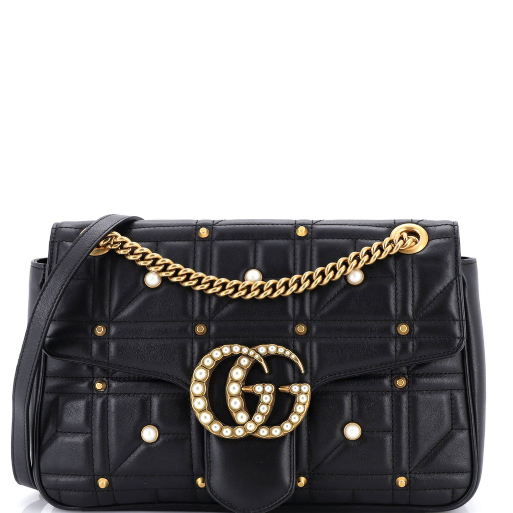 Pearly GG Marmont Flap Bag Embellished Matelasse Leather Medium