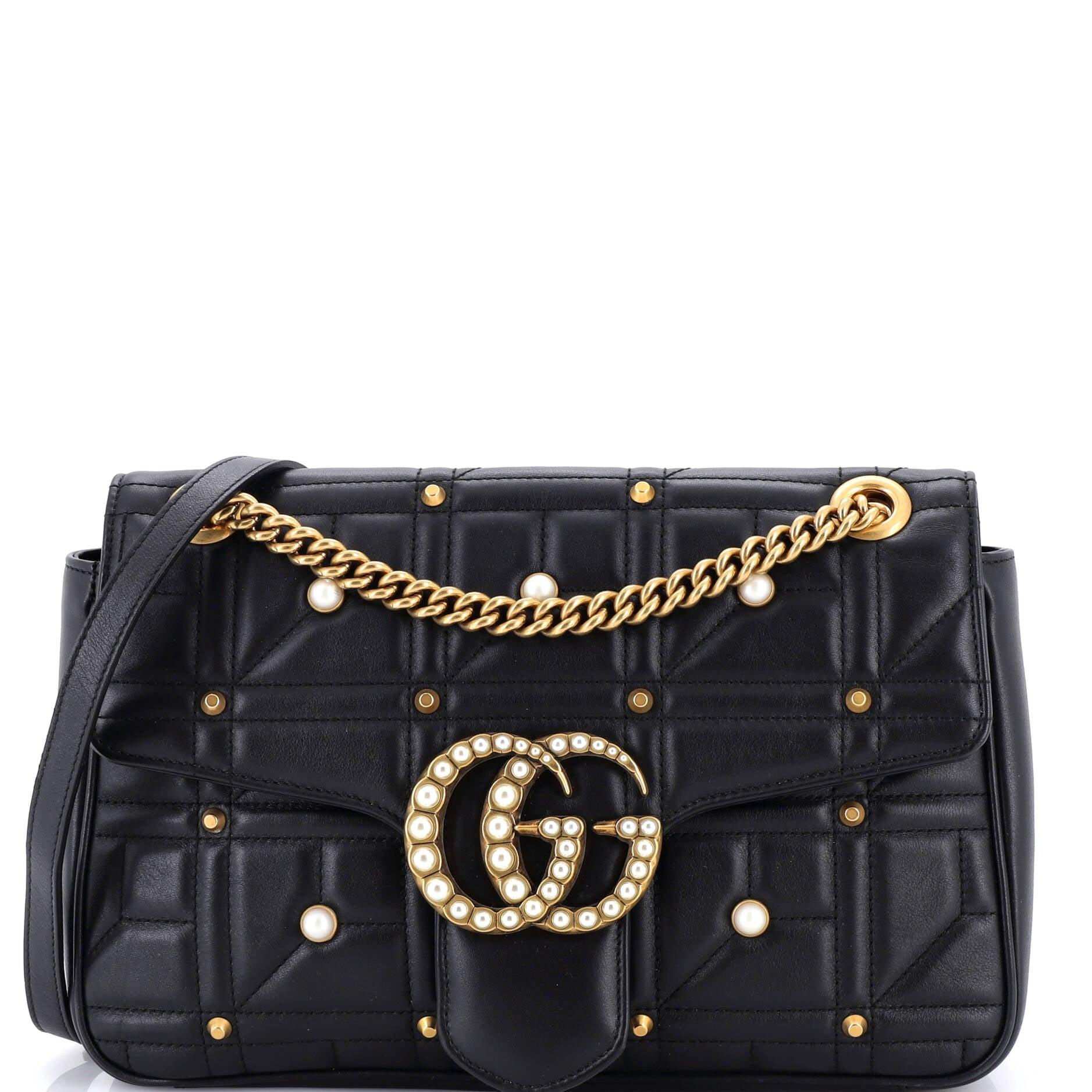 Pearly GG Marmont Flap Bag Embellished Matelasse Leather Medium