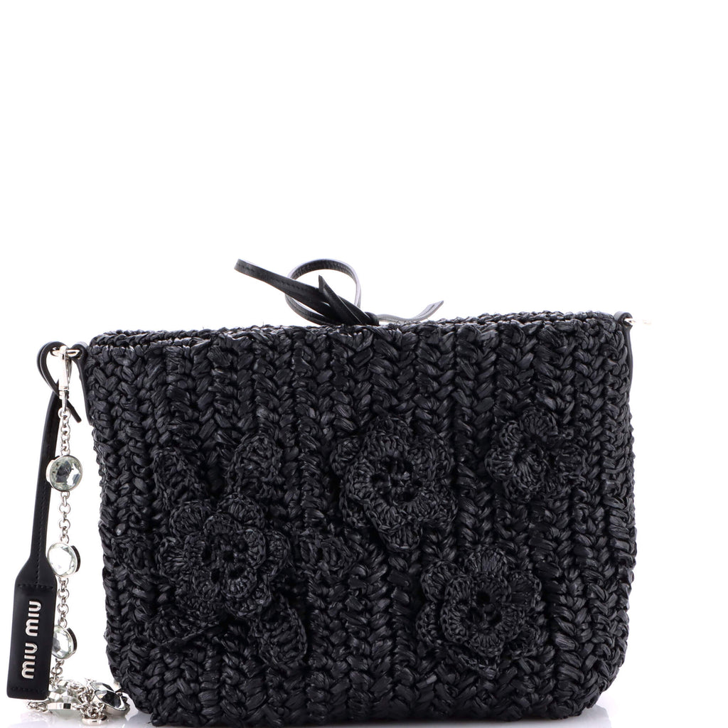 Flower Crystal Chain Shoulder Bag Woven Raffia
