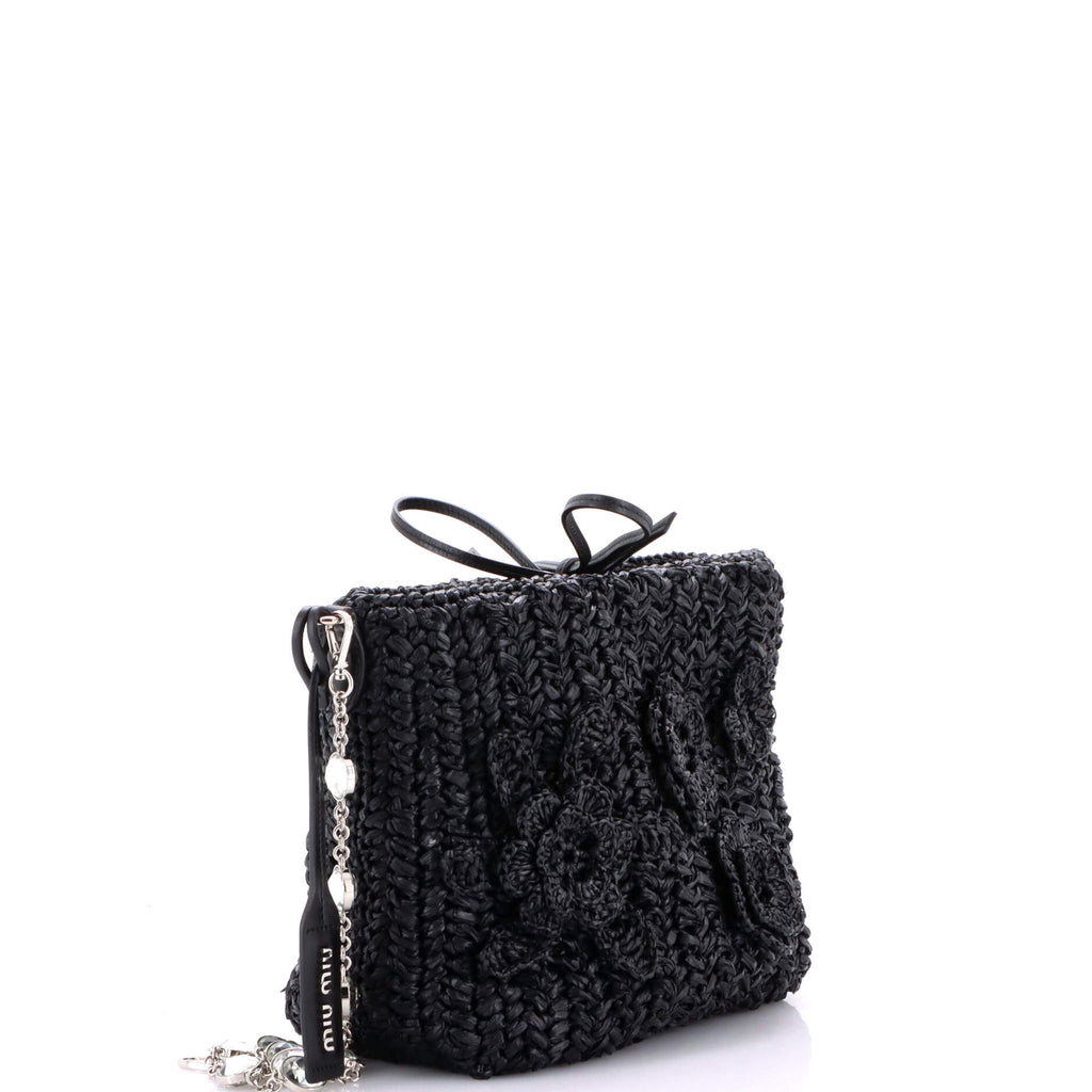 Flower Crystal Chain Shoulder Bag Woven Raffia