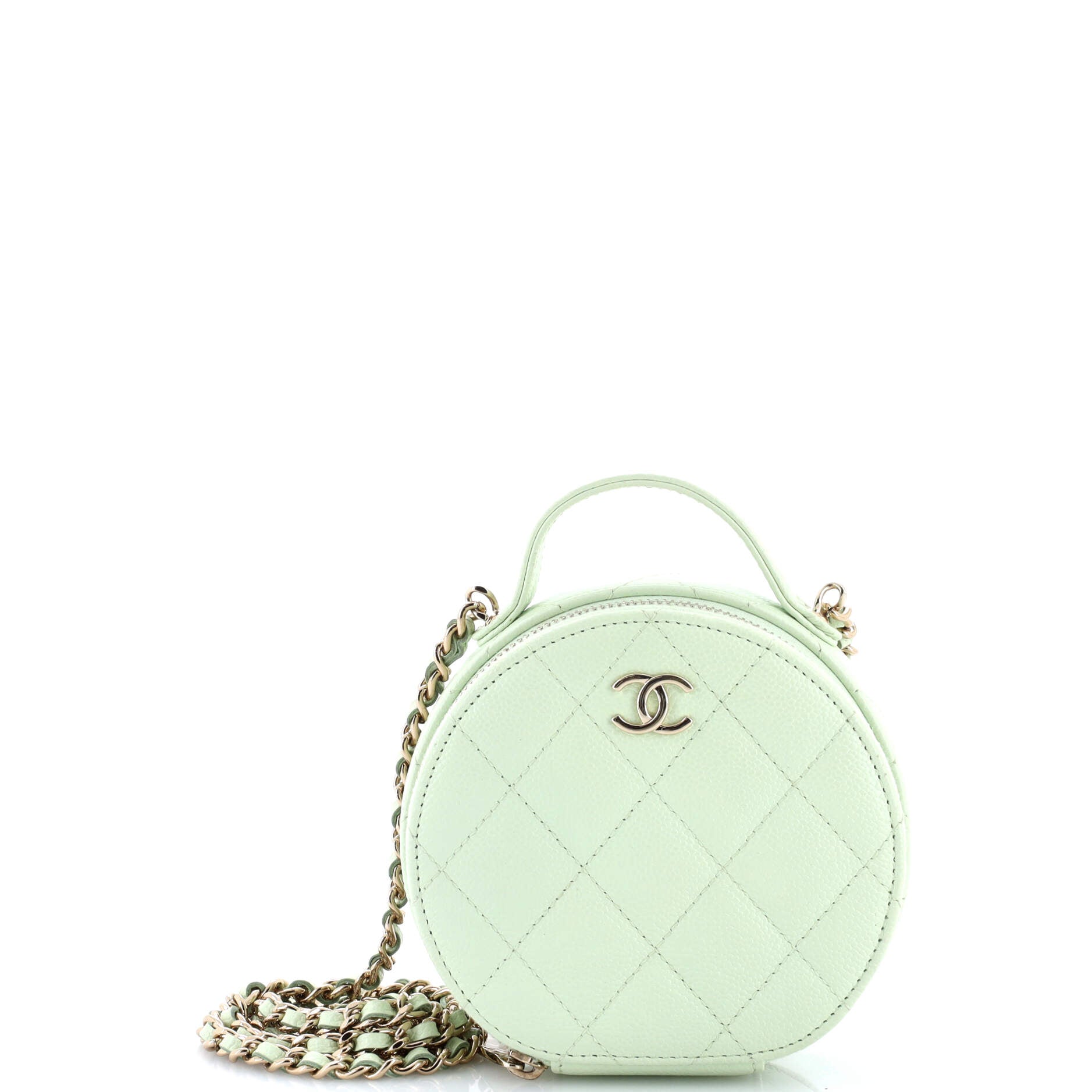 Handle with Care Round Vanity Case with Chain Quilted Caviar Small