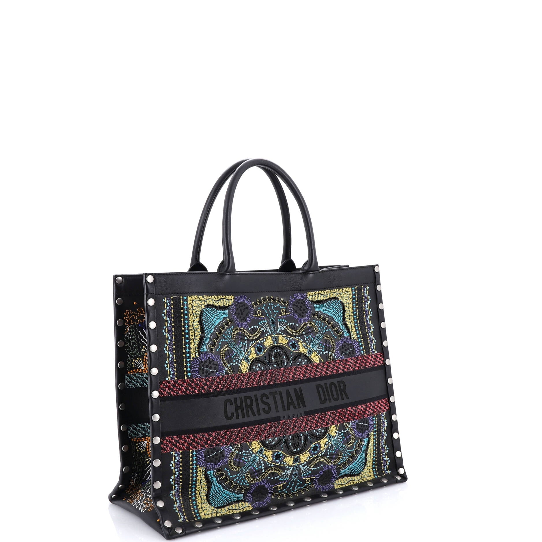 Book Tote Embroidered Studded Leather Large