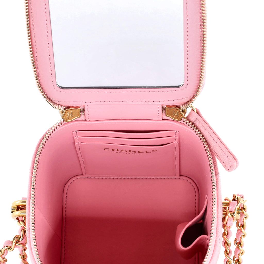 Vertical CC Link Vanity Case with Chain Quilted Caviar Small