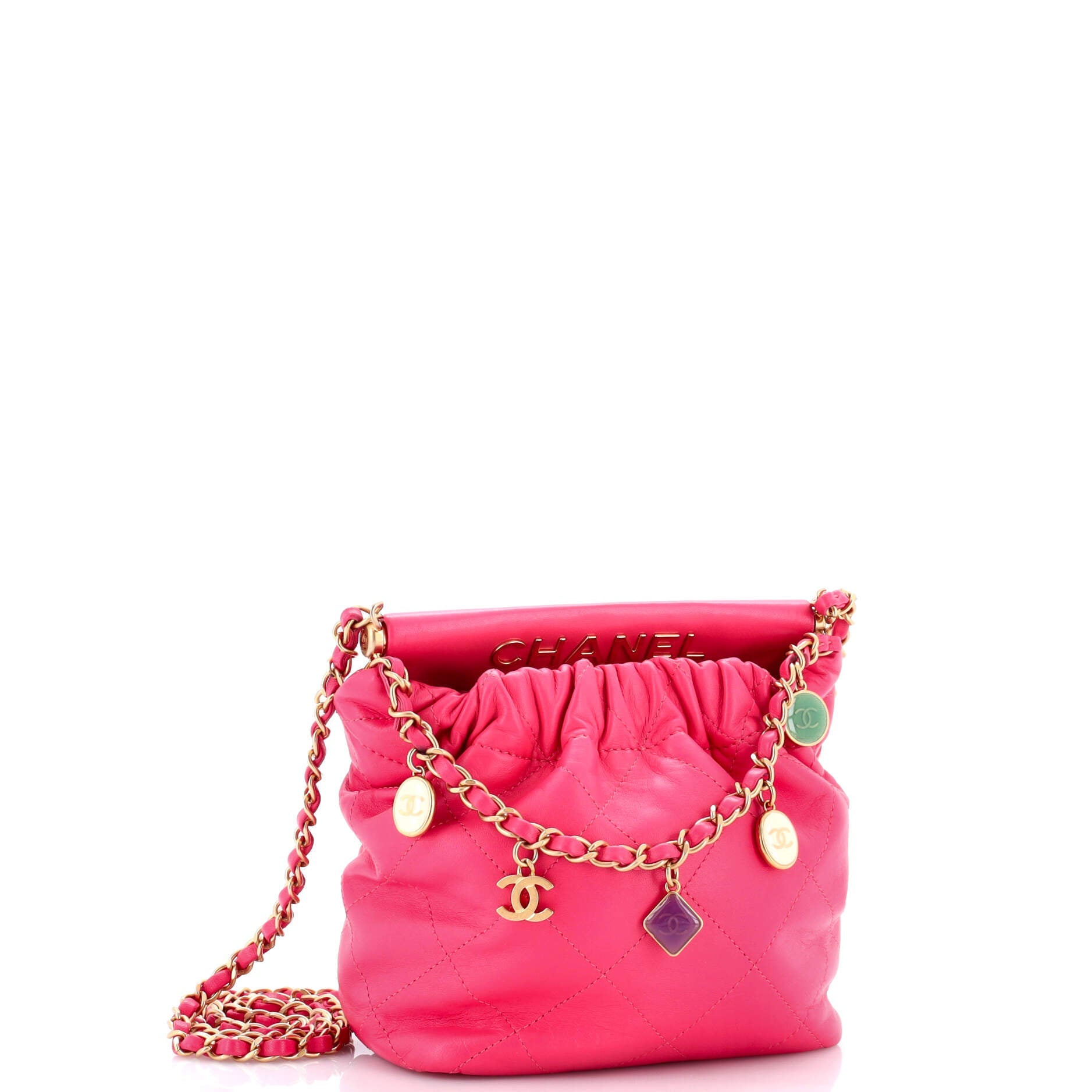 Resin Charms Chain Bucket Bag Quilted Lambskin Small