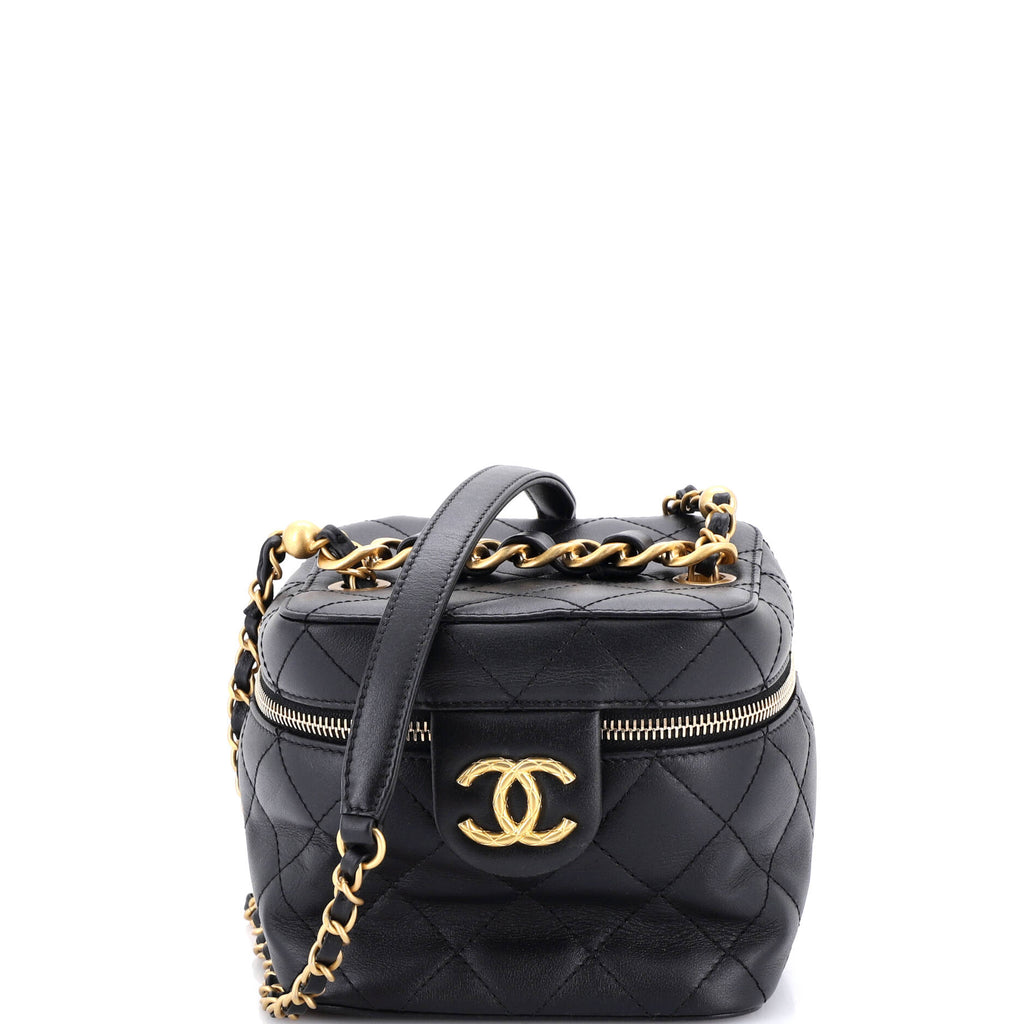 Chain Bar Vanity Case with Chain Quilted Calfskin Small
