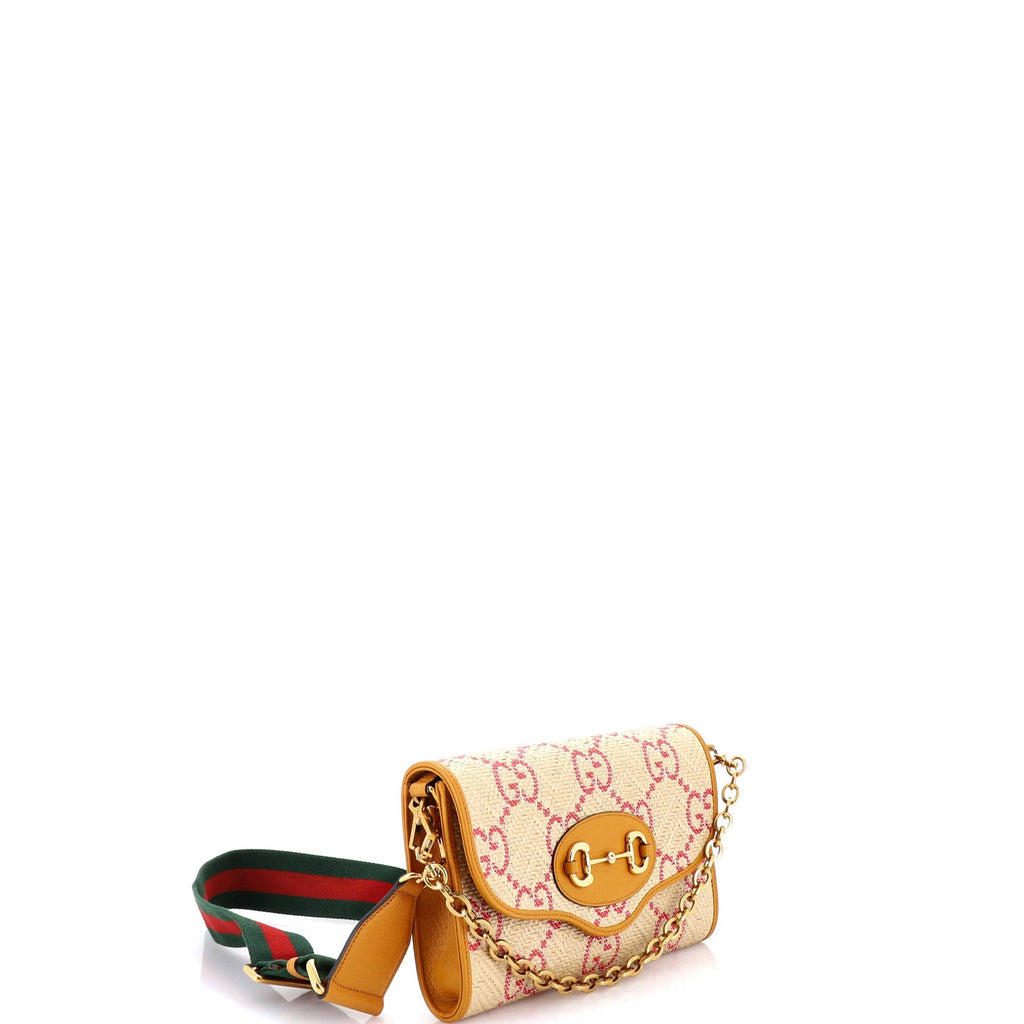Horsebit 1955 Curved Flap Shoulder Bag Jumbo GG Raffia Small