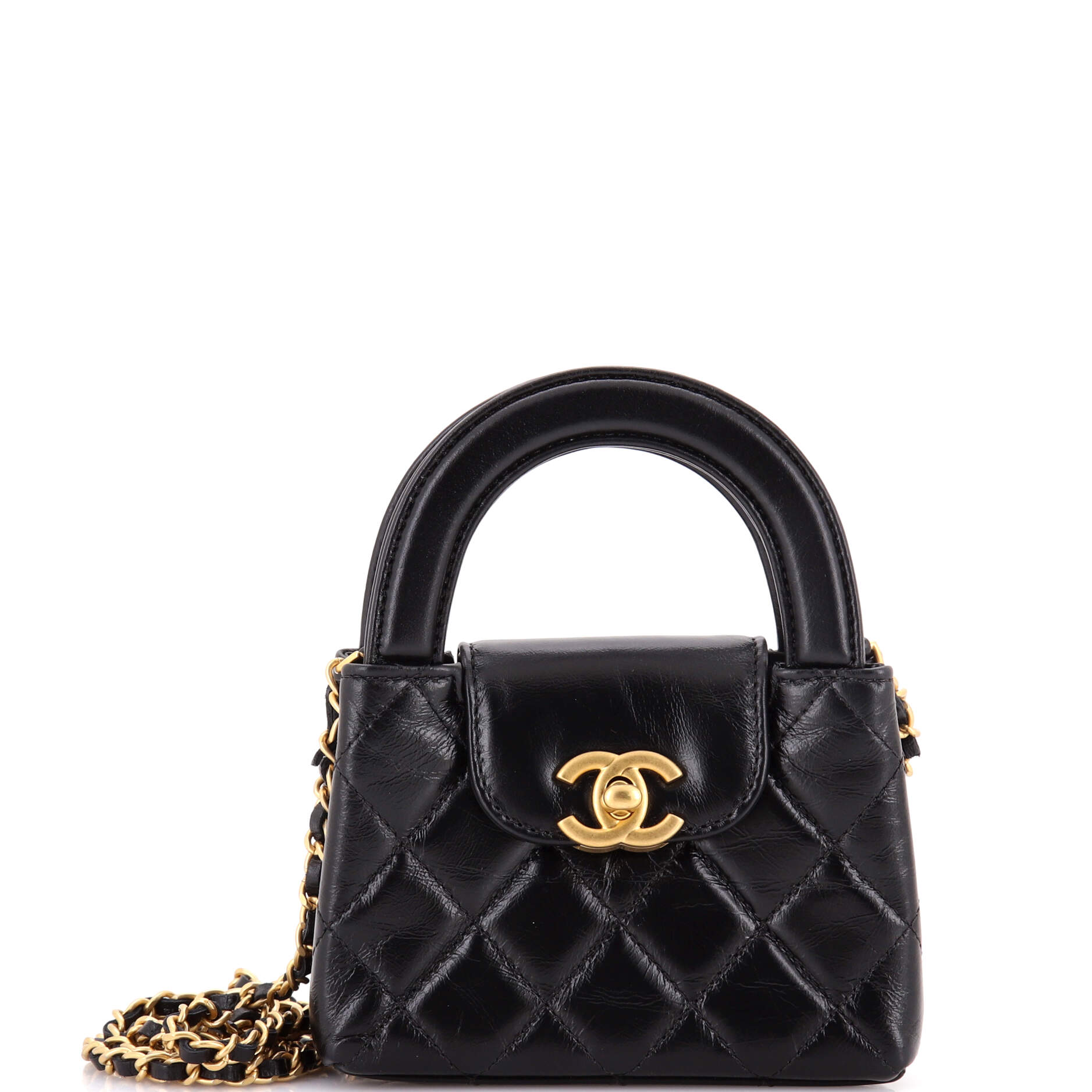 Kelly Top Handle Shopping Bag Quilted Shiny Aged Calfskin Nano