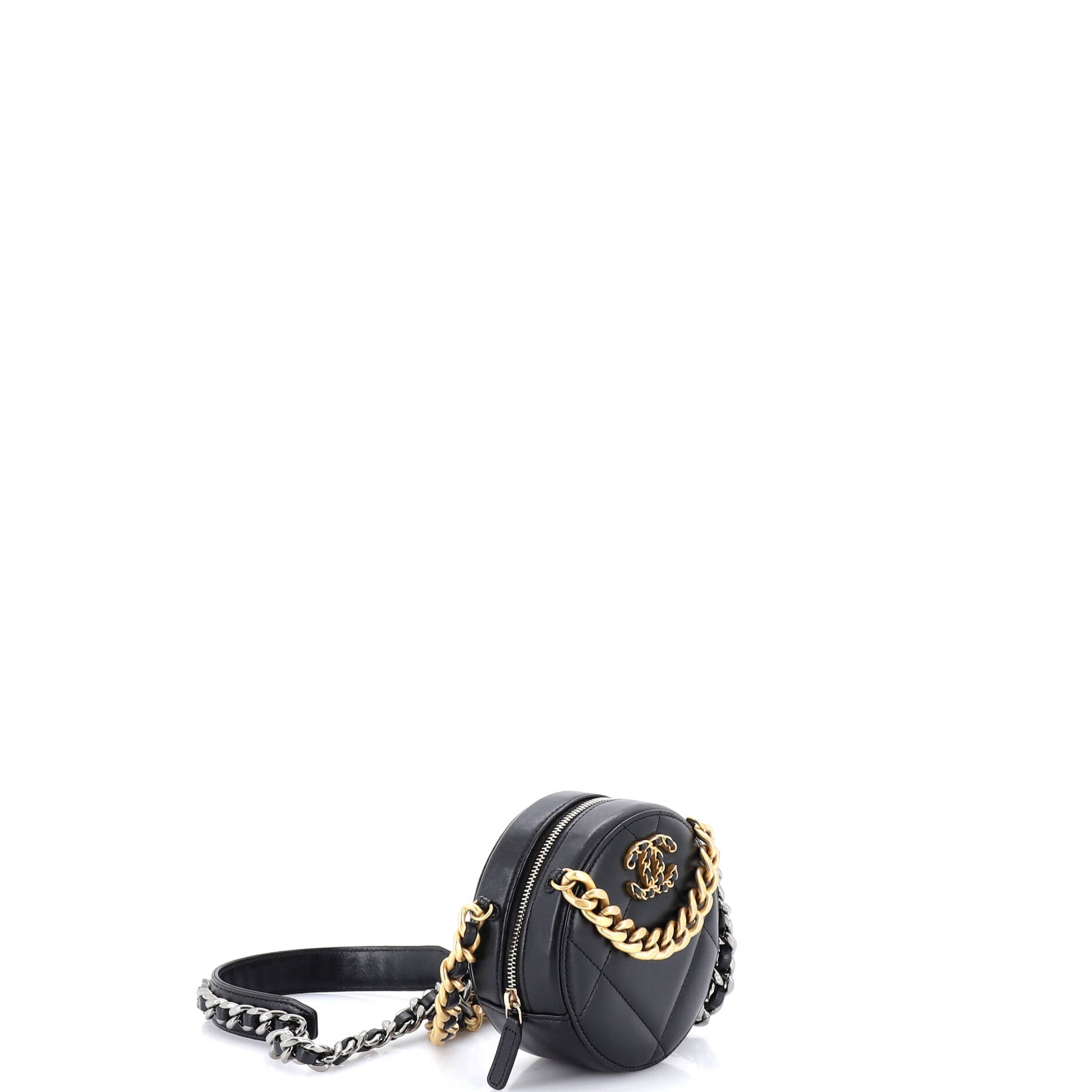 19 Round Clutch with Chain Quilted Leather