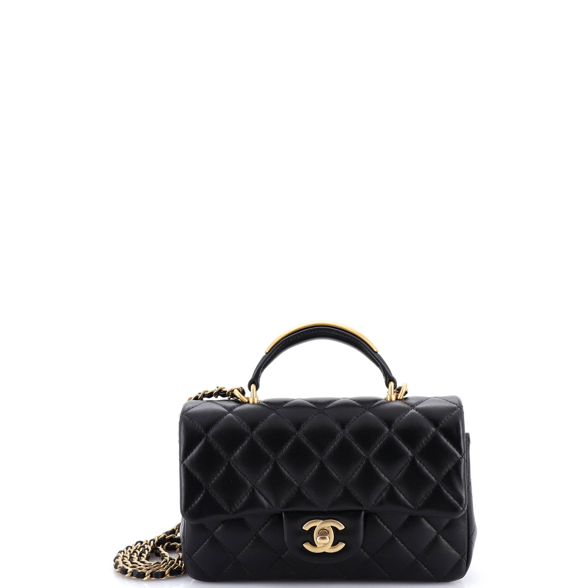 Classic Single Flap Metal Top Handle Bag Quilted Lambskin Mini