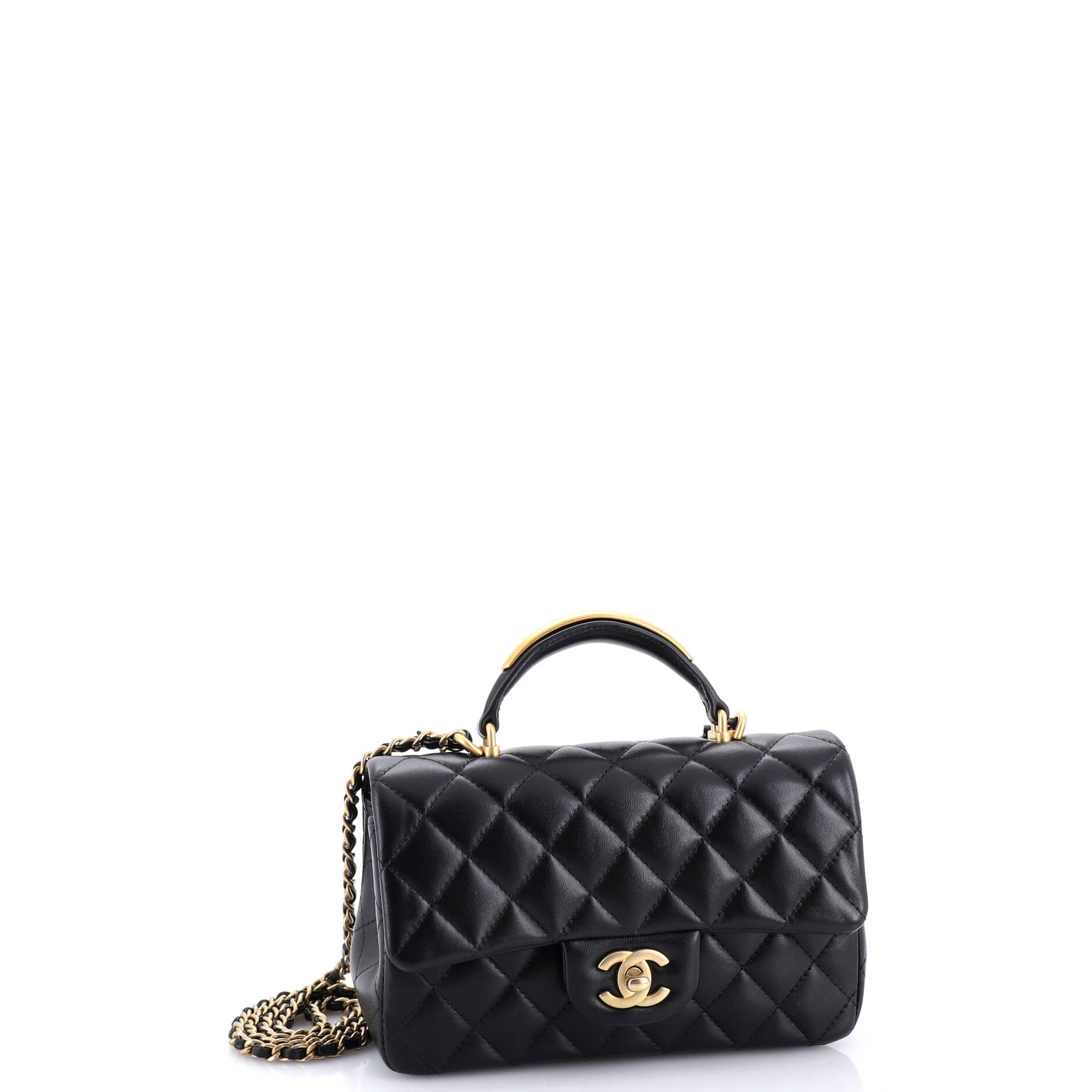 Classic Single Flap Metal Top Handle Bag Quilted Lambskin Mini