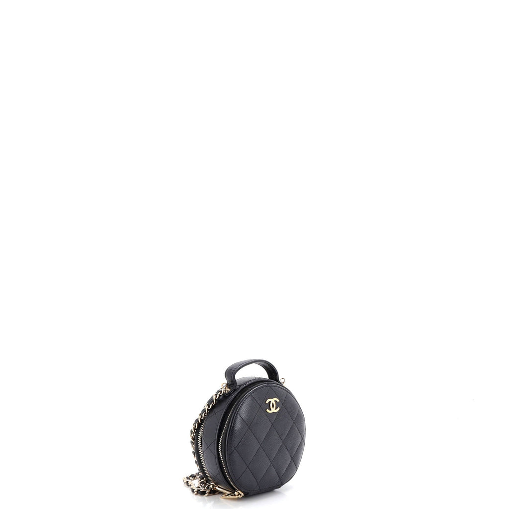 Handle with Care Round Vanity Case with Chain Quilted Caviar Small