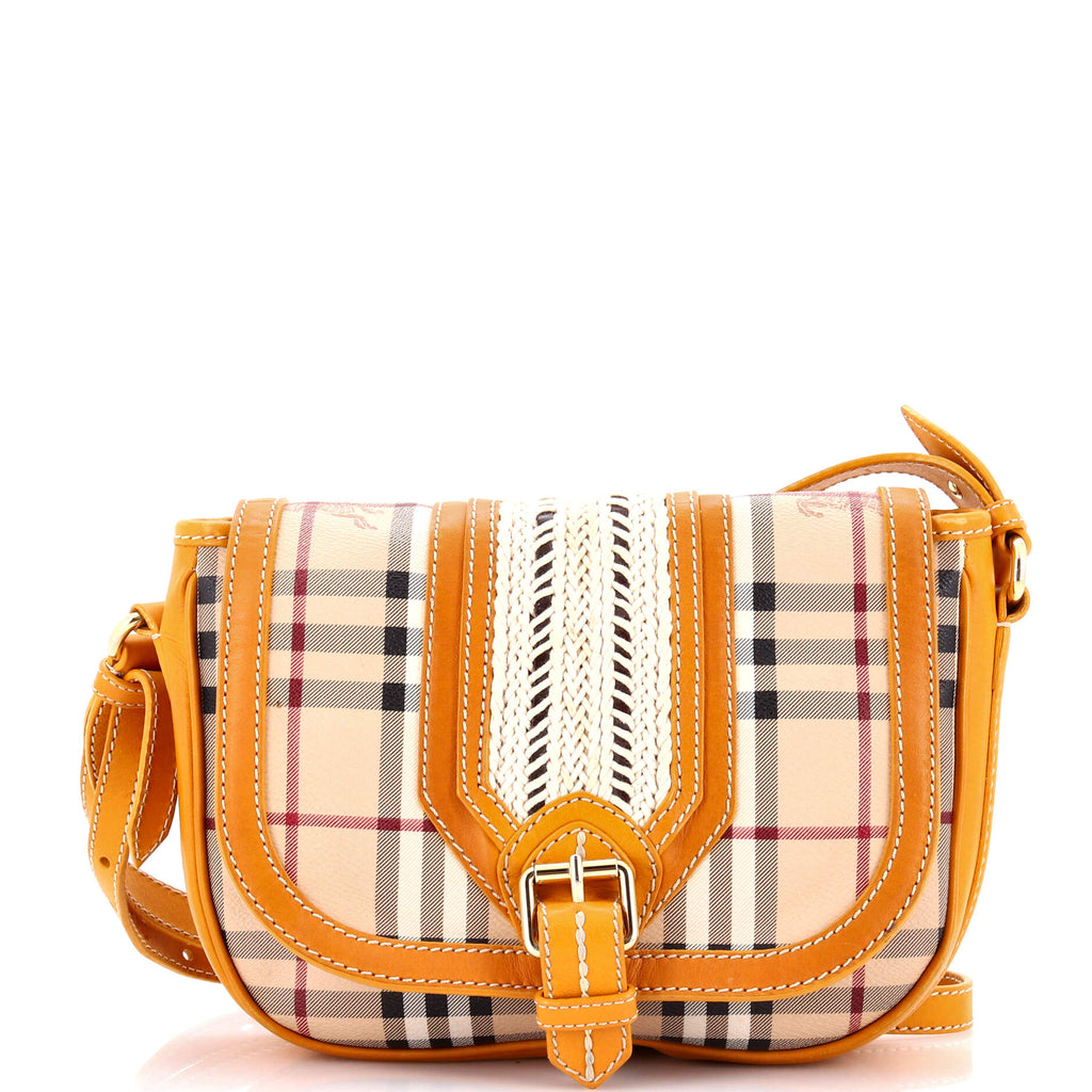 Buckle Flap Messenger Bag Haymarket Coated Canvas with Braided Leather Small
