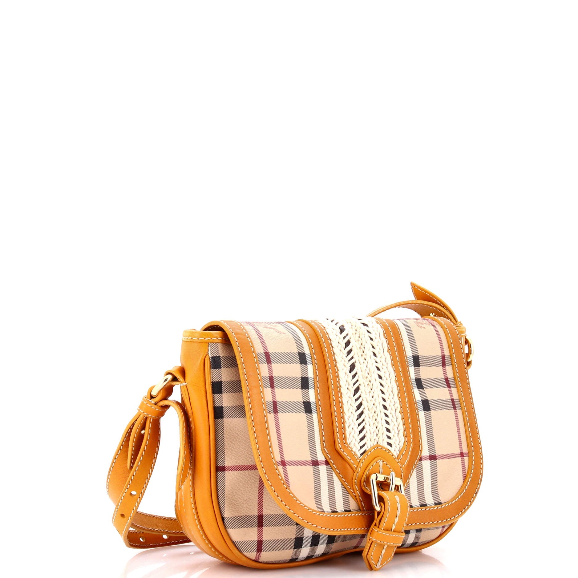 Buckle Flap Messenger Bag Haymarket Coated Canvas with Braided Leather Small