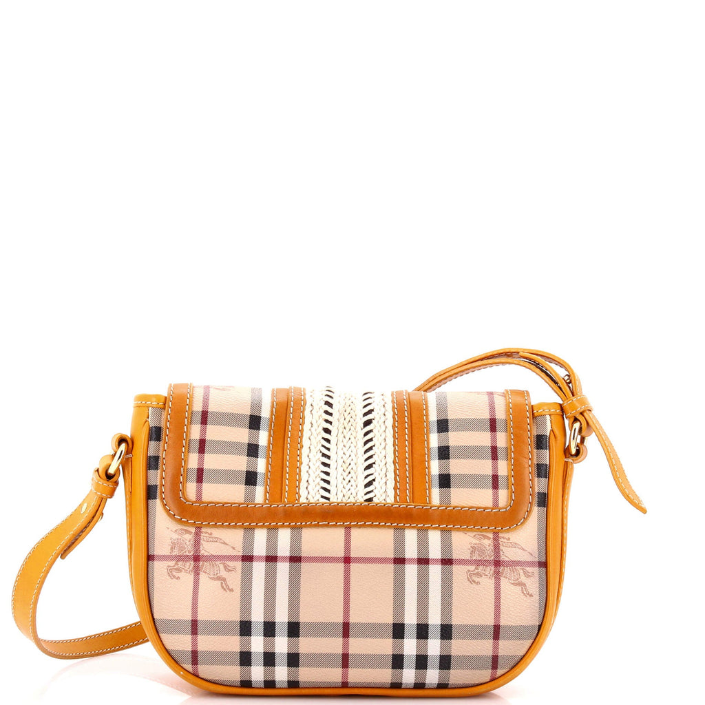 Buckle Flap Messenger Bag Haymarket Coated Canvas with Braided Leather Small