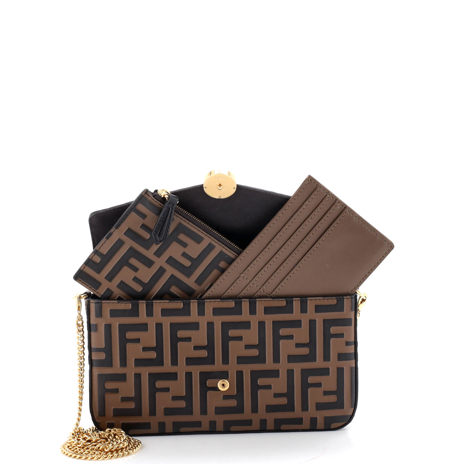 F is Fendi Envelope Clutch on Chain Zucca Embossed Leather