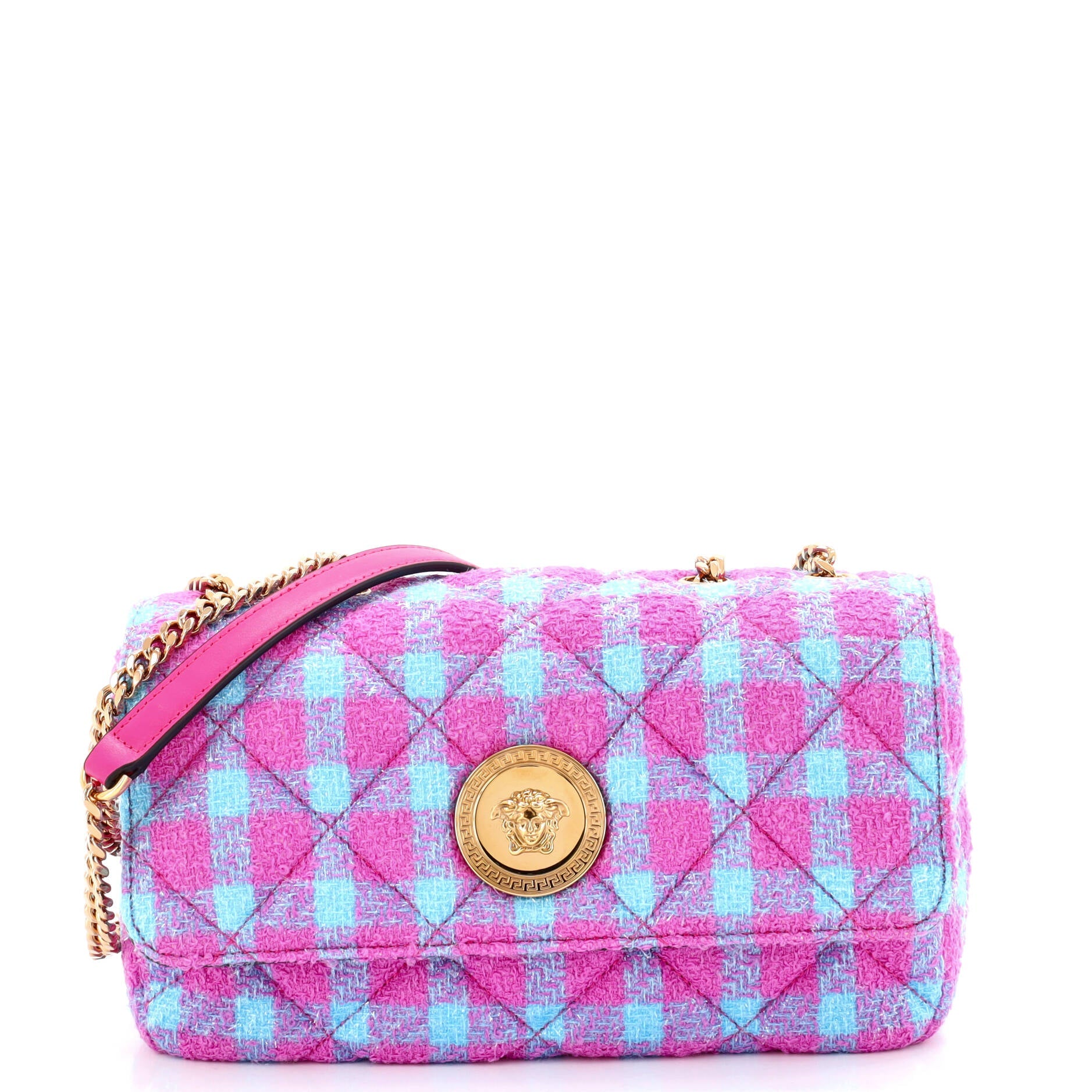 Medusa Icon Chain Flap Bag Quilted Tweed East West