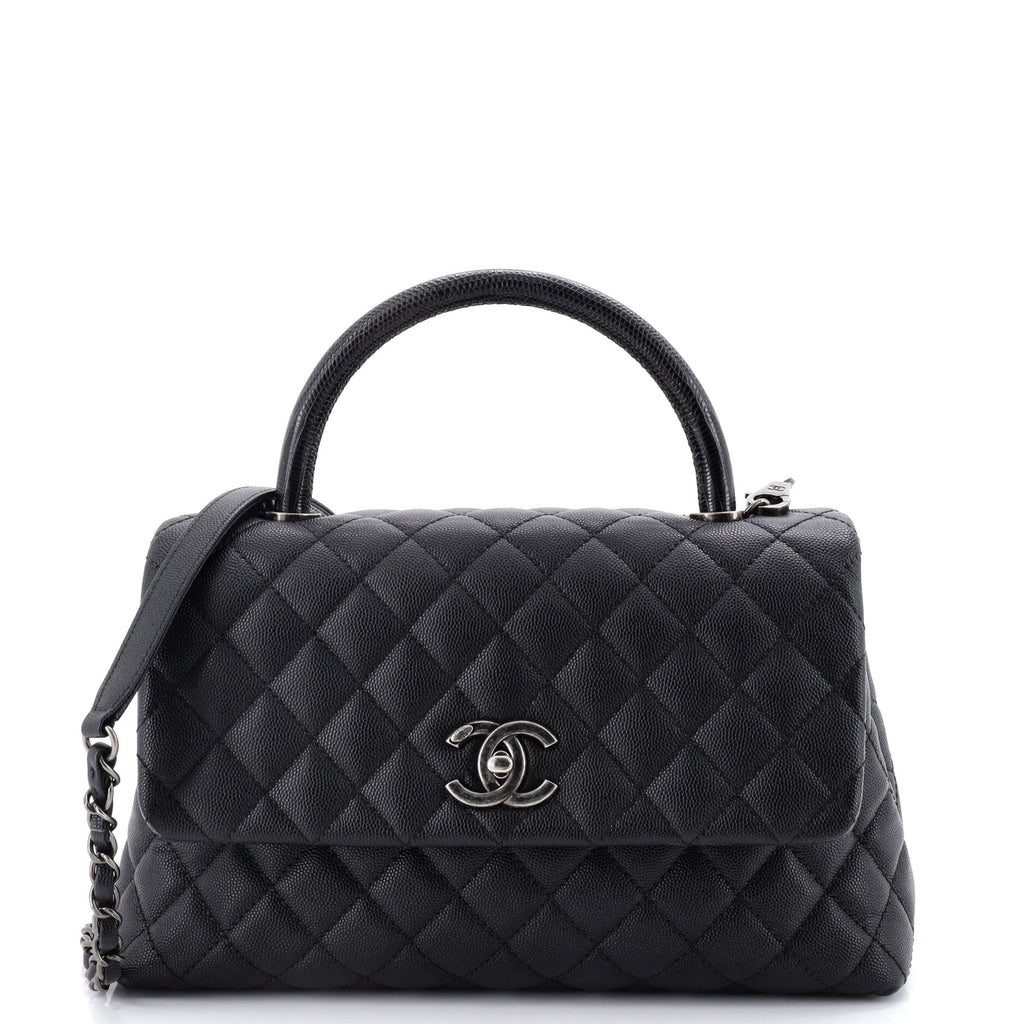 Coco Top Handle Bag Quilted Caviar with Lizard Embossed Handle Small