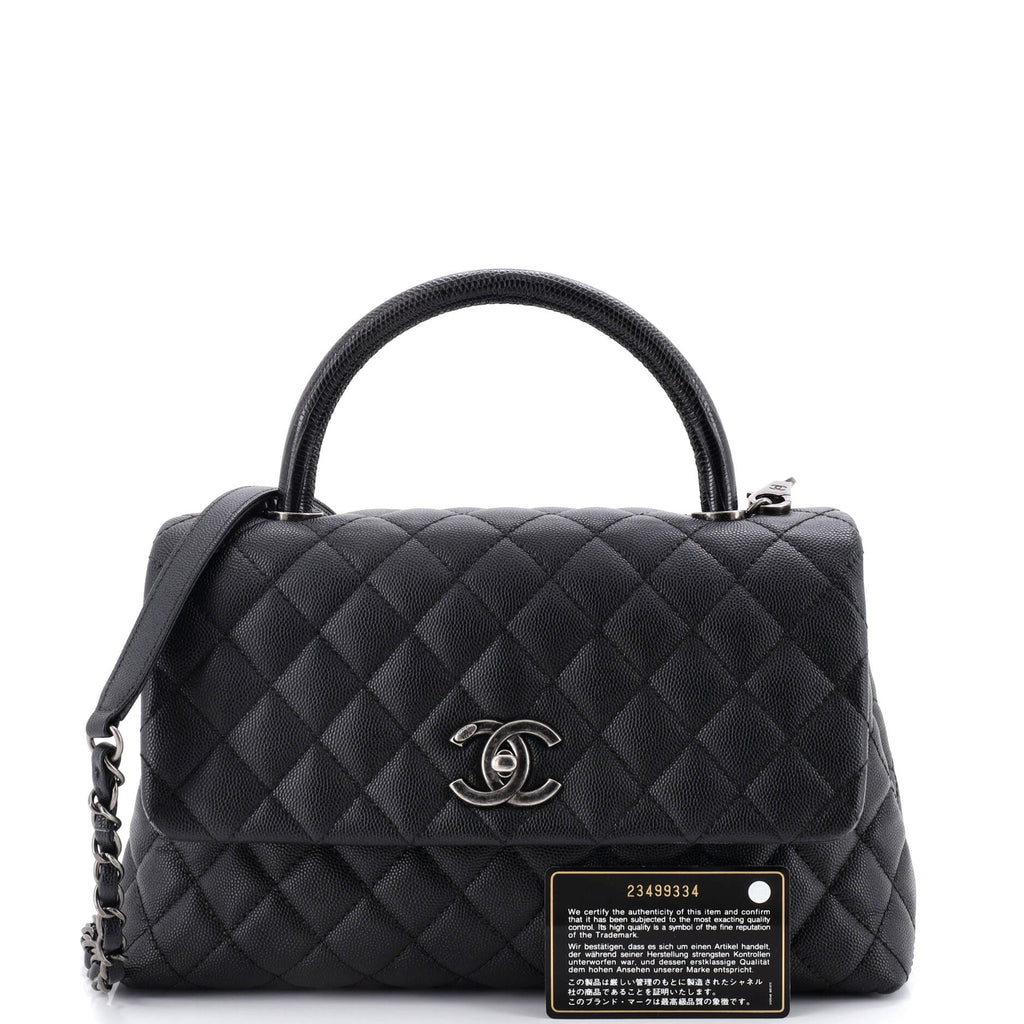 Coco Top Handle Bag Quilted Caviar with Lizard Embossed Handle Small