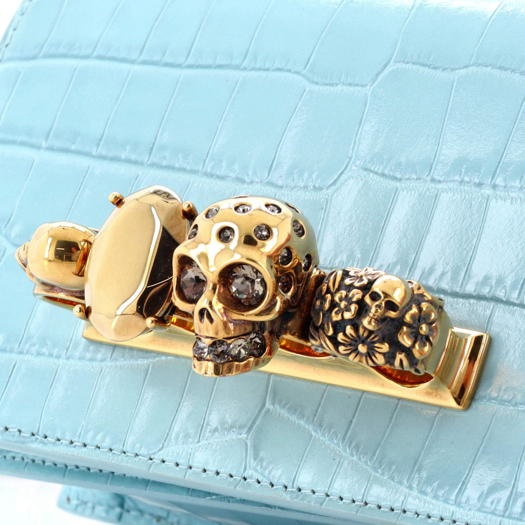 Jeweled Flap Bag Crocodile Embossed Leather Small
