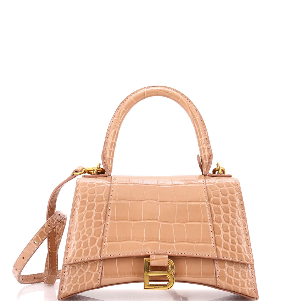 Hourglass Top Handle Bag Crocodile Embossed Leather Small