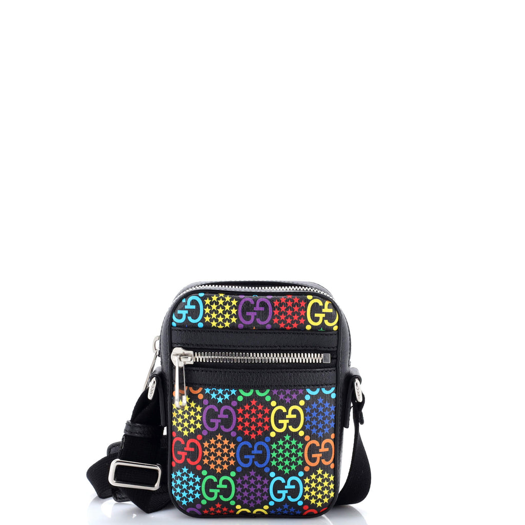 Front Zip Messenger Bag Psychedelic Print GG Coated Canvas Mini