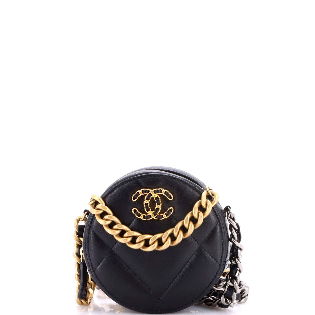 19 Round Clutch with Chain Quilted Leather