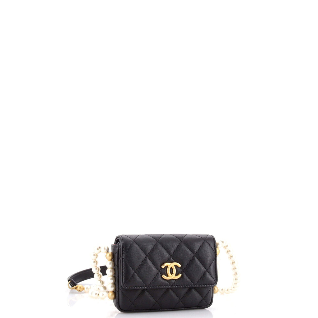 About Pearls Flap Card Holder with Chain Quilted Calfskin