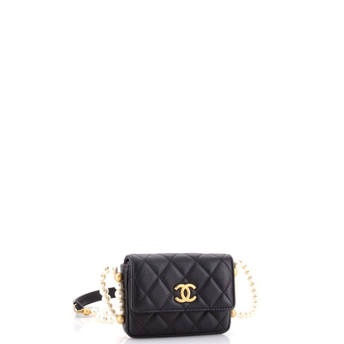 About Pearls Flap Card Holder with Chain Quilted Calfskin