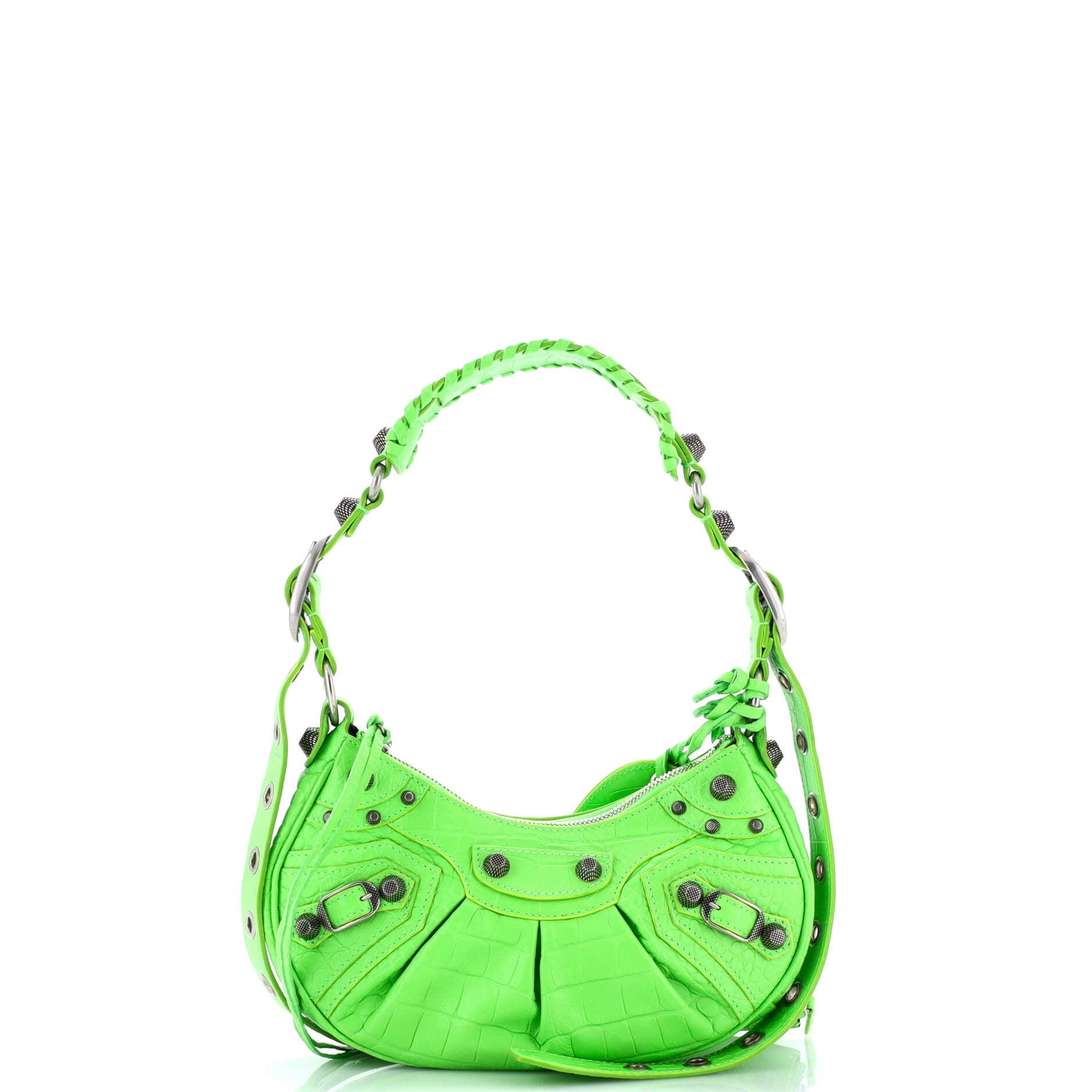 Le Cagole Giant Studs Shoulder Bag Crocodile Embossed Leather XS