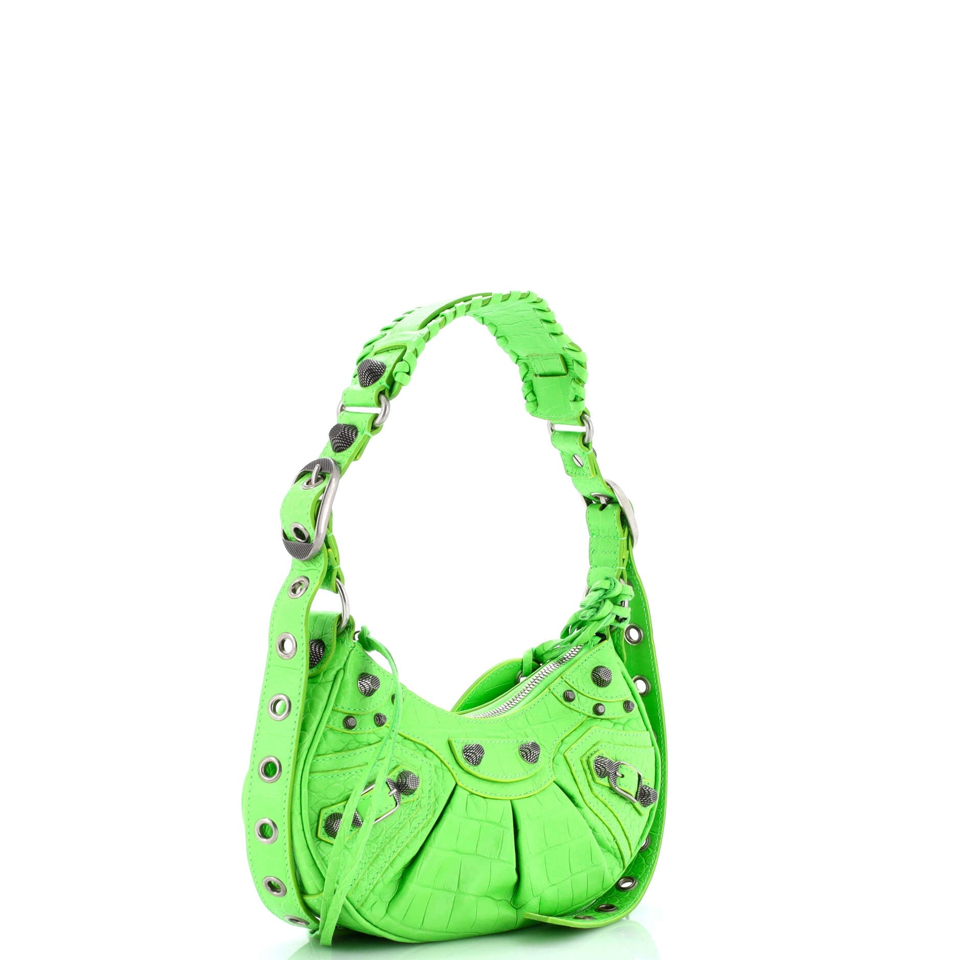 Le Cagole Giant Studs Shoulder Bag Crocodile Embossed Leather XS