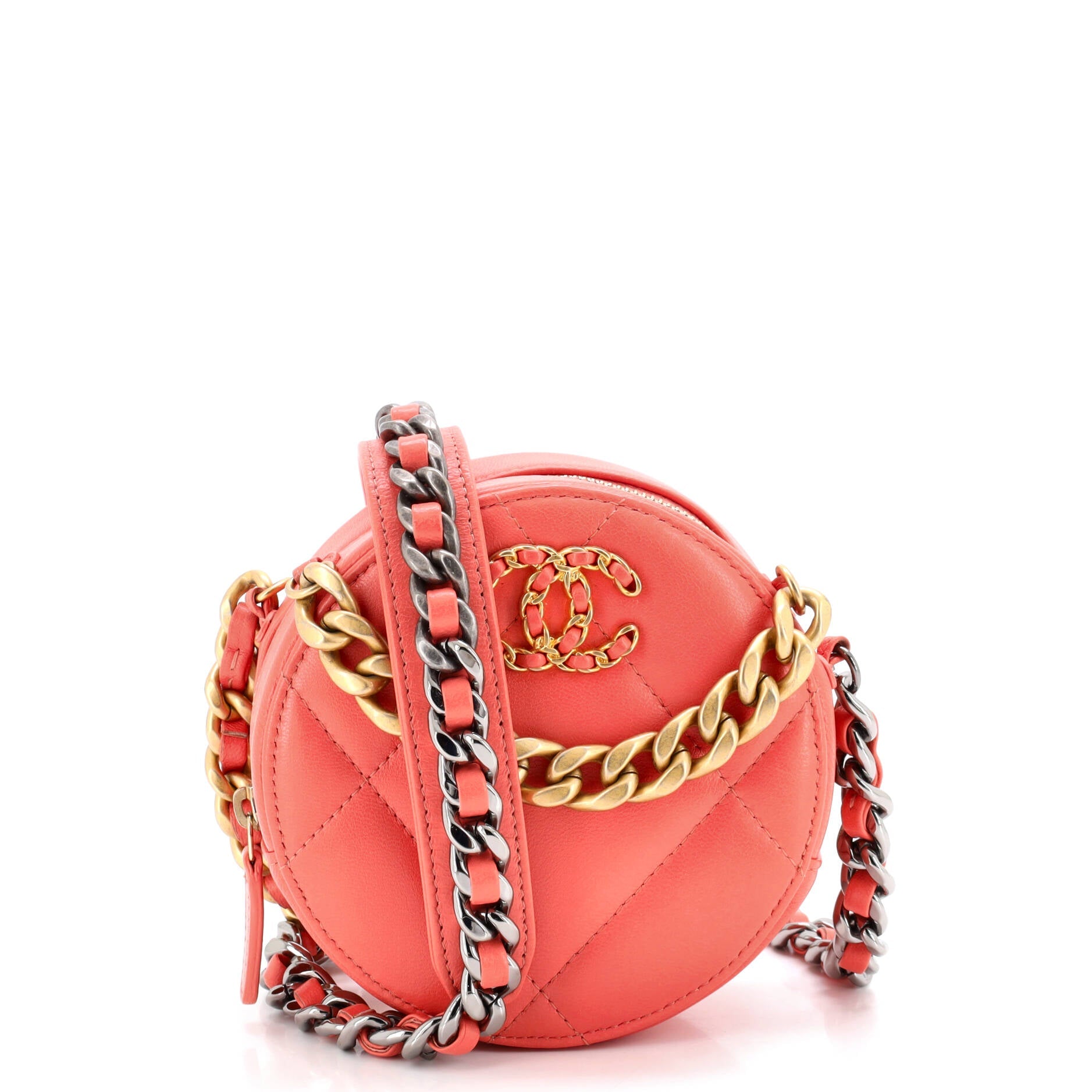 19 Round Clutch with Chain Quilted Leather